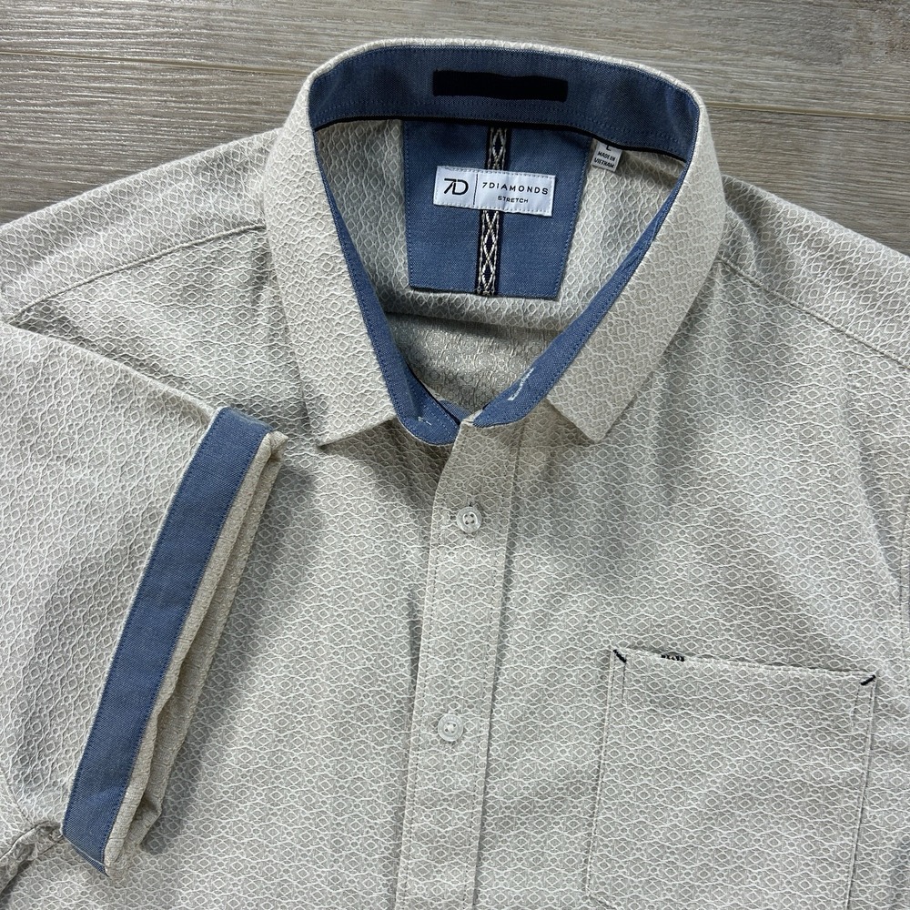 7 Diamonds Stretch Mens Large Short Sleeve Cream Textured Short Sleeve Button Up